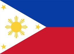 [ai] The flag of the Philippines featuring a horizontal blue band at the top, a white triangle on the left with a yellow sun at the center, and a red lower band. There are three yellow stars within the triangle.